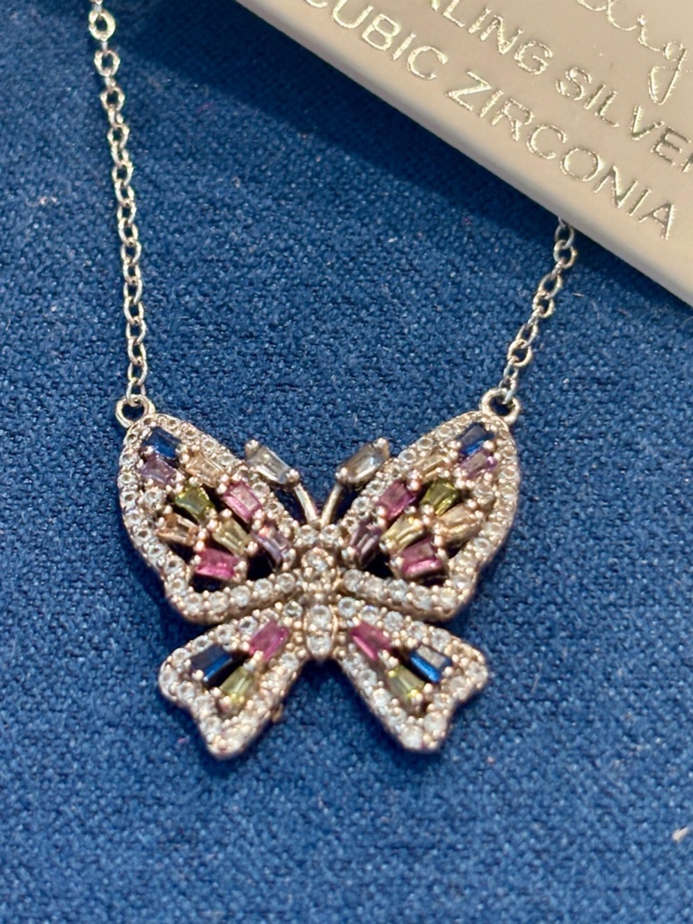 Sterling Silver Multicolor Cubic Zirconia Butterfly Necklace